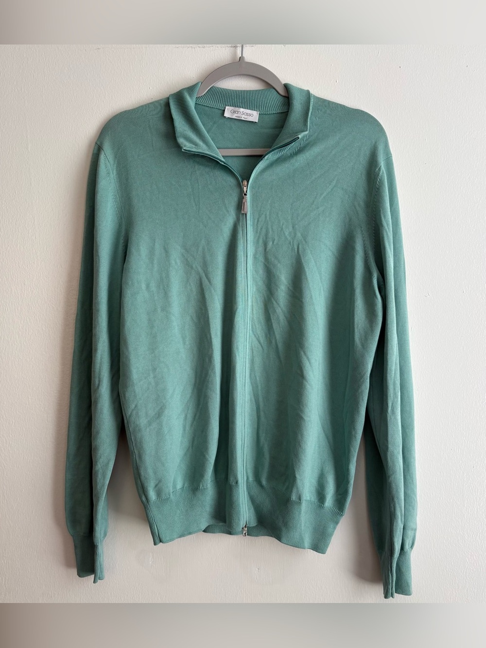 Gran Sasso Green Cotton Full Zip Mock Neck Sweater Long Sleeve Italian Men M